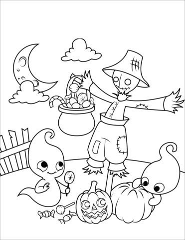 Halloween Scene With A Scarecrow And Cute Ghosts Coloring Page